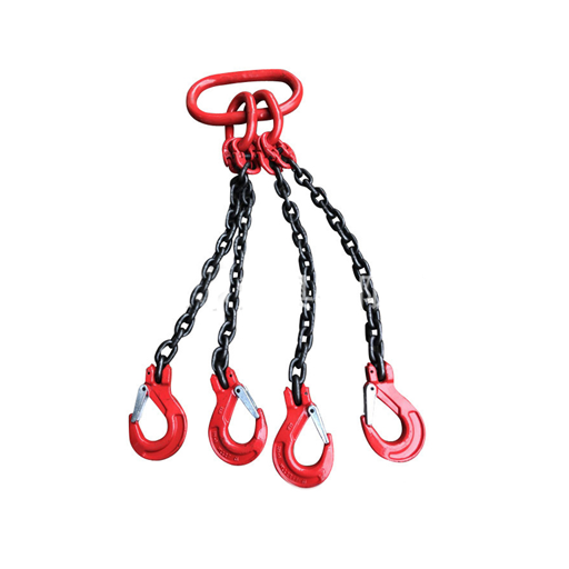 Grade 80 QOSL Chain Sling Quad Leg w Quad Oblong Master Link on Top and Self Locking Hooks on Bottom (1)